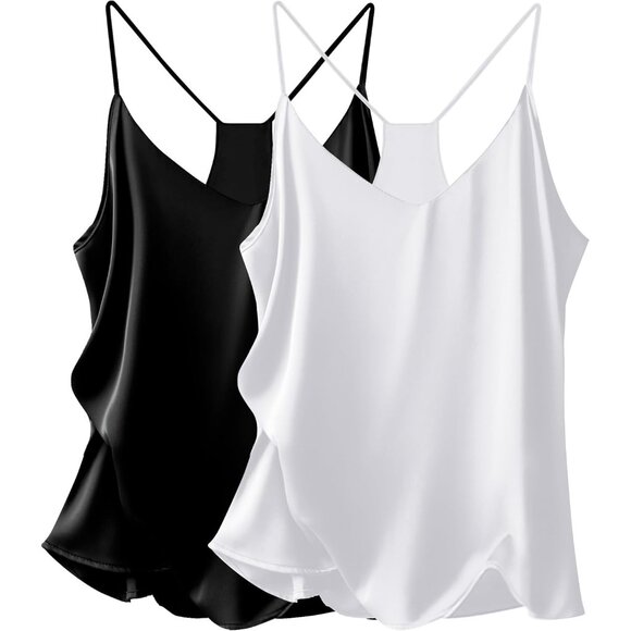 Versatile Women's Satin Cami Tops 2 Pack - Stylish V Neck & Racerback - Picture 1 of 4